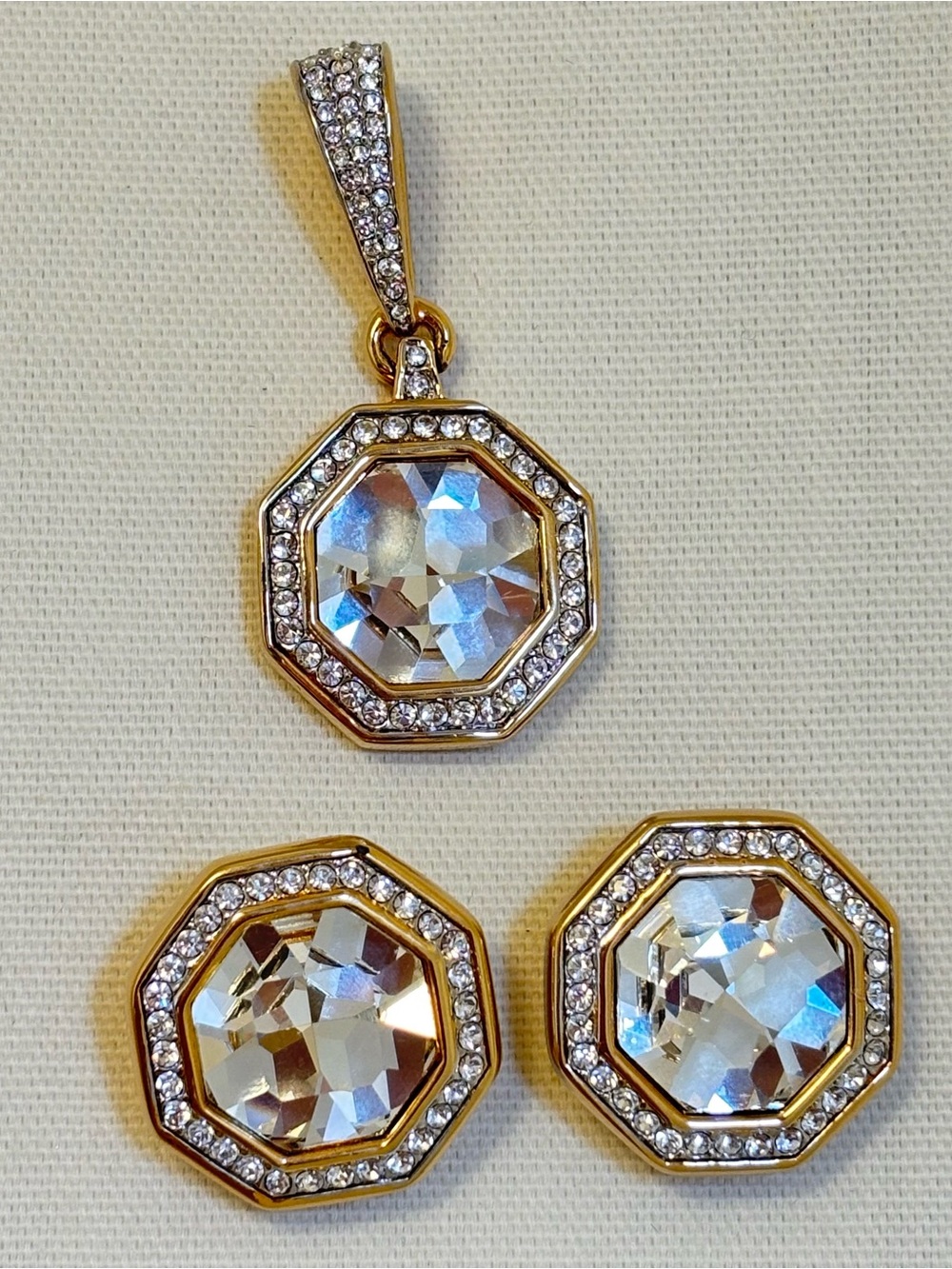 Swarovski Crystal Octagon Pendant & Clip Earring Set SAL era- Gold tone setting